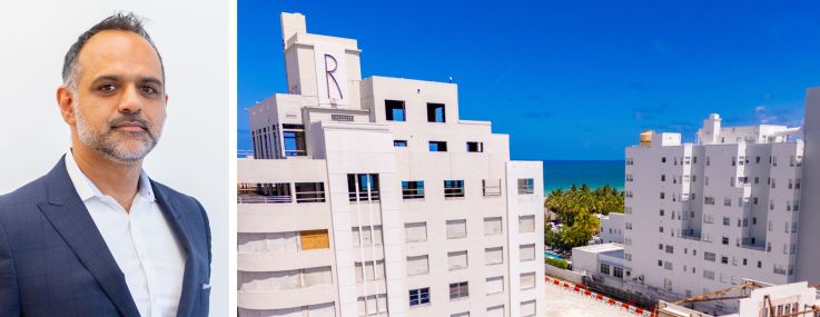 Nahla Capital co-founder Genghis Hadi and the former Raleigh Hotel in Miami Beach.