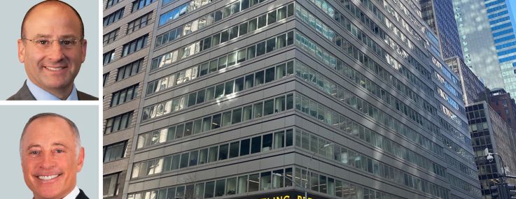 CBRE's Gregg Rothkin (top), David Hollander (center), and Maxwell Tarter, and 575 Madison Avenue.