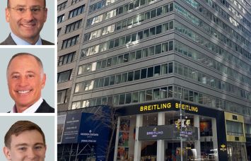 CBRE's Gregg Rothkin (top), David Hollander (center), and Maxwell Tarter, and 575 Madison Avenue.