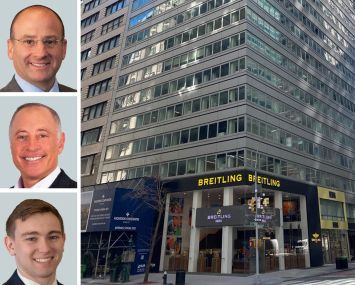 CBRE's Gregg Rothkin (top), David Hollander (center), and Maxwell Tarter, and 575 Madison Avenue.