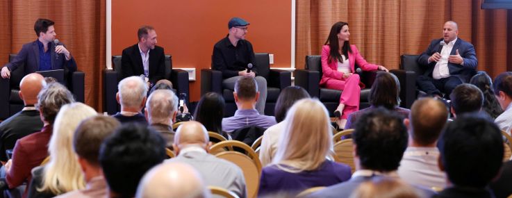 Edward Cohen (from left), Ethan Chernofsky, James Cook, Karly Iacono and Chris Ressa take part in a data and AI panel at ICSC Las Vegas.