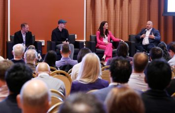 Edward Cohen (from left), Ethan Chernofsky, James Cook, Karly Iacono and Chris Ressa take part in a data and AI panel at ICSC Las Vegas.