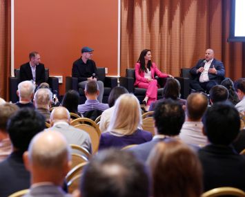 Edward Cohen (from left), Ethan Chernofsky, James Cook, Karly Iacono and Chris Ressa take part in a data and AI panel at ICSC Las Vegas.