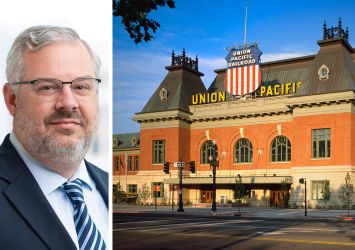 J.B. Gerber of Barings and the former Union Pacific Depot train station that now houses the Asher Adams hotel in Salt Lake City.