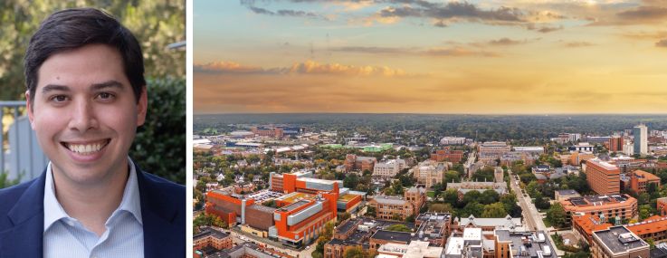 Peachtree Group Jared Schlosser and an aerial view of Ann Arbor, Mich.