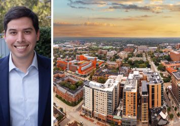 Peachtree Group Jared Schlosser and an aerial view of Ann Arbor, Mich.
