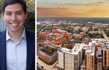 Peachtree Group Jared Schlosser and an aerial view of Ann Arbor, Mich.