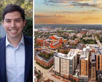 Peachtree Group Jared Schlosser and an aerial view of Ann Arbor, Mich.