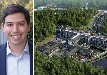 Peachtree Group's Jared Schlosser and a rendering of Fellowship Wildlight in Yulee, Fla.