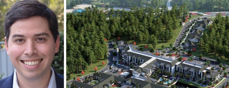Peachtree Group's Jared Schlosser and a rendering of Fellowship Wildlight in Yulee, Fla.
