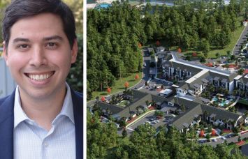 Peachtree Group's Jared Schlosser and a rendering of Fellowship Wildlight in Yulee, Fla.