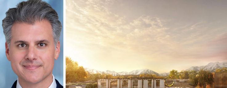 Clearwater PACE's Jonathan Seabolt and a rendering of Ameyalli Wellbeing Resort in Midway, Utah.