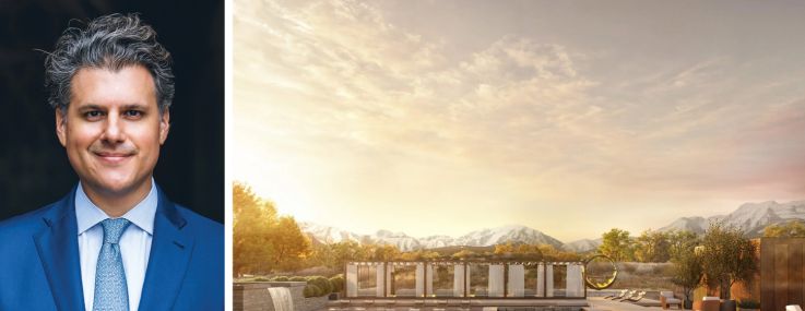 Clearwater PACE's Jonathan Seabolt and a rendering of Ameyalli Wellbeing Resort in Midway, Utah.