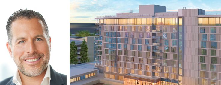 Madison Realty Capital's Josh Zegen (top), Sonnenblick-Eichner Company's David Sonnenblick, and a rendering of Hotel NIA in Menlo Park, Calif.