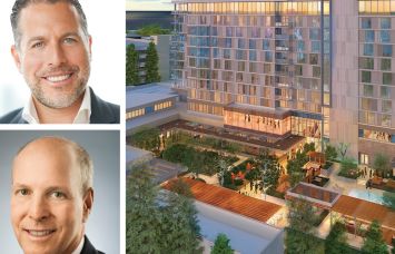 Madison Realty Capital's Josh Zegen (top), Sonnenblick-Eichner Company's David Sonnenblick, and a rendering of Hotel NIA in Menlo Park, Calif.