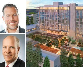 Madison Realty Capital's Josh Zegen (top), Sonnenblick-Eichner Company's David Sonnenblick, and a rendering of Hotel NIA in Menlo Park, Calif.