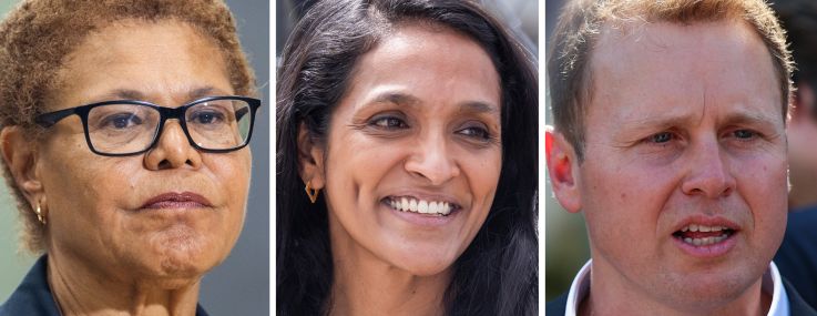 Los Angeles Mayor Karen Bass (left), Councilmember Nithya Raman (center), and Spencer Pratt.