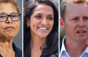 Los Angeles Mayor Karen Bass (left), Councilmember Nithya Raman (center), and Spencer Pratt.