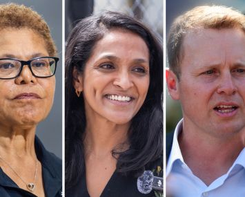 Los Angeles Mayor Karen Bass (left), Councilmember Nithya Raman (center), and Spencer Pratt.