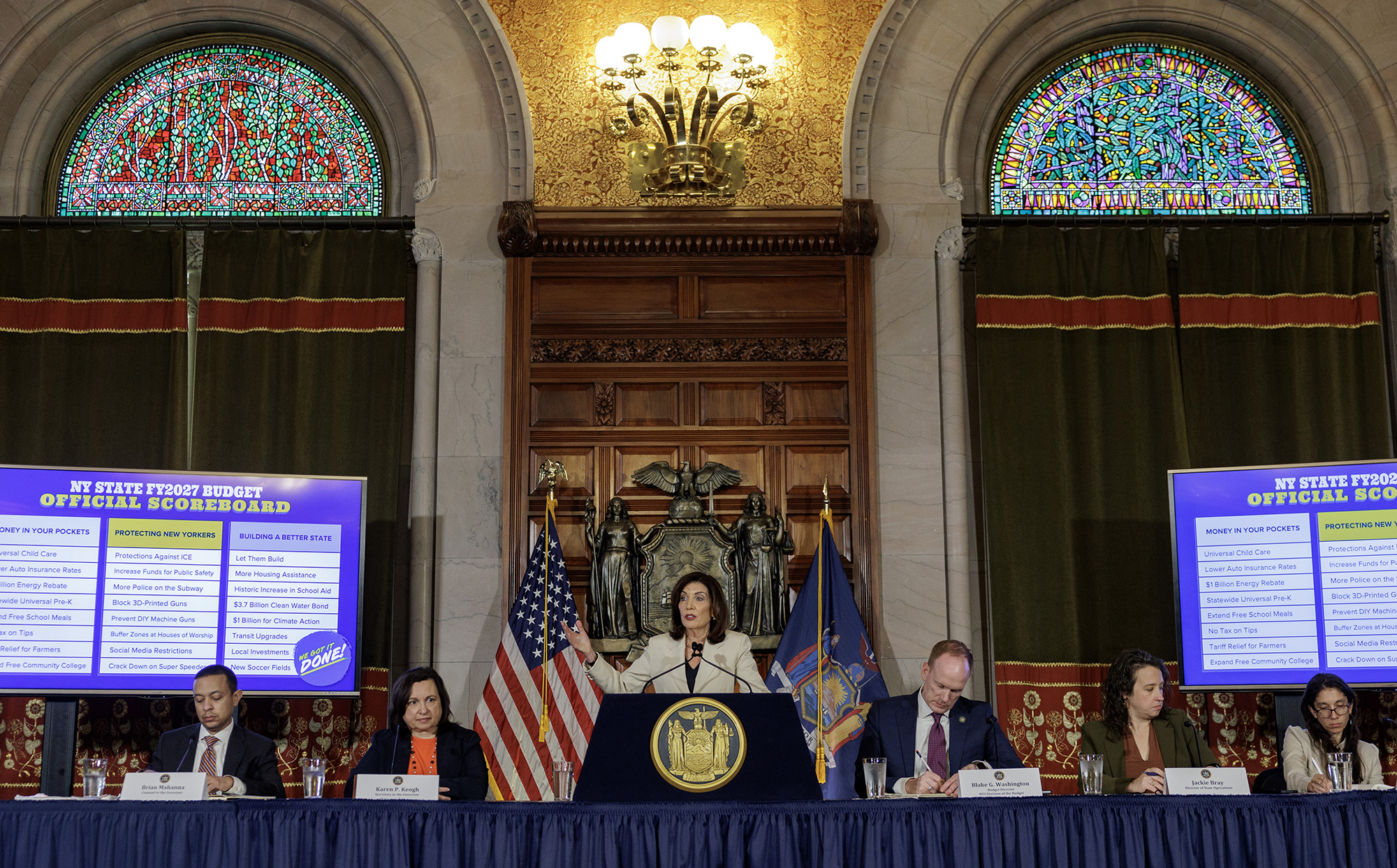 Gov. Kathy Hochul announces an agreement on the 2027 fiscal year budget.