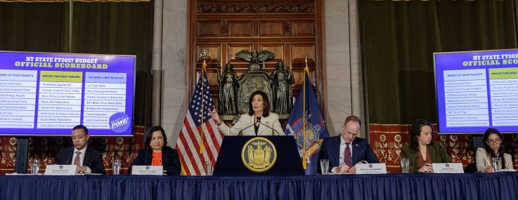 Gov. Kathy Hochul announces an agreement on the 2027 fiscal year budget.