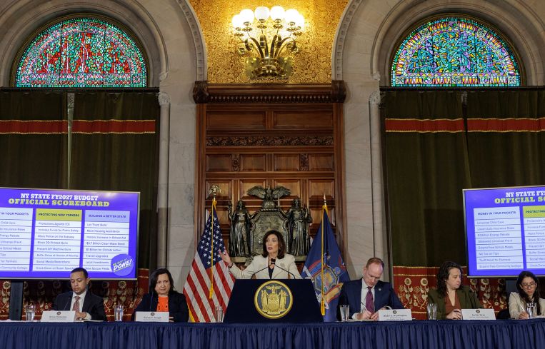 Gov. Kathy Hochul announces an agreement on the 2027 fiscal year budget.
