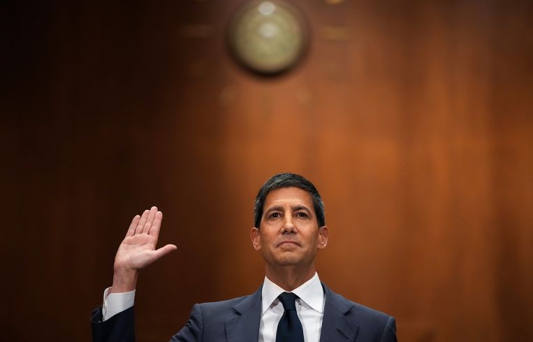 Kevin Warsh is sworn in to testify during his Senate Committee on Banking, Housing, and Urban Affairs confirmation hearing.