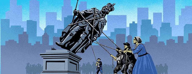 An illustration of colonial era people pulling down a statue of King George.