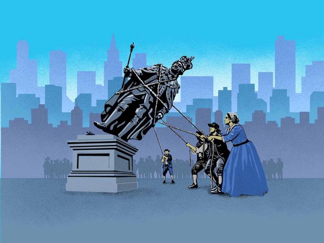An illustration of colonial era people pulling down a statue of King George.