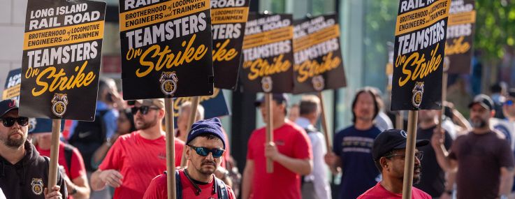 Long Island Rail Road (LIRR) workers picket in front of Penn Station.