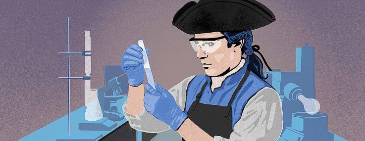 An illustration of a colonial era scientist in a modern lab.