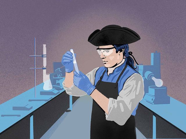 An illustration of a colonial era scientist in a modern lab.
