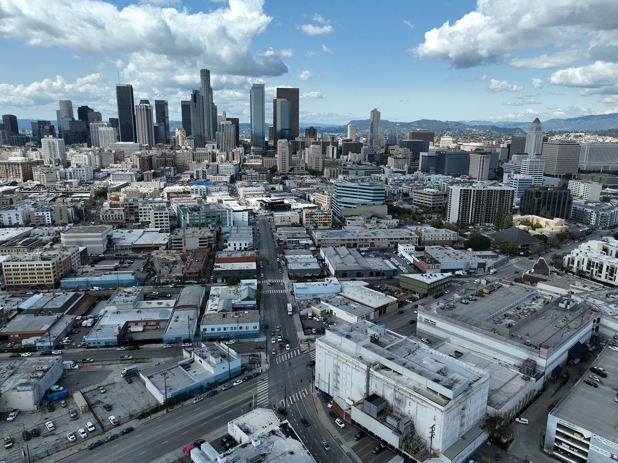 An aerial view of the area neighboring Central Avenue and Fourth Street in downtown Los Angeles.