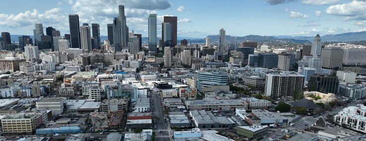 An aerial view of the area neighboring Central Avenue and Fourth Street in downtown Los Angeles.