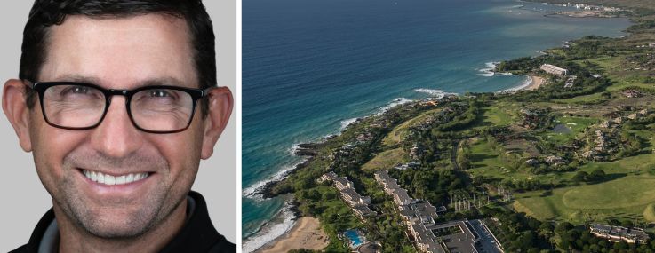 Berkadia's Louis Friedel and an aerial view of the Mauna Kea Resort area on the island of Hawaii.