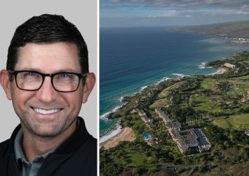 Berkadia's Louis Friedel and an aerial view of the Mauna Kea Resort area on the island of Hawaii.