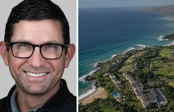 Berkadia's Louis Friedel and an aerial view of the Mauna Kea Resort area on the island of Hawaii.