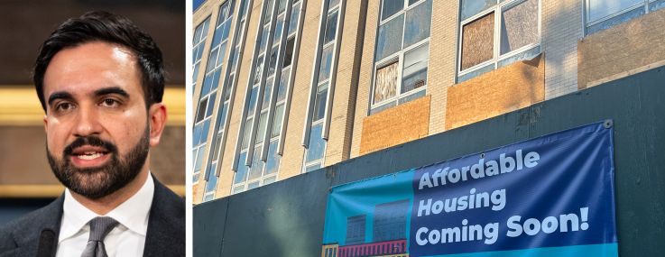 Mayor Zohran Mamdani and a sign outside an affordable housing project in Queens.