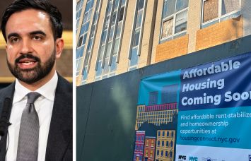 Mayor Zohran Mamdani and a sign outside an affordable housing project in Queens.