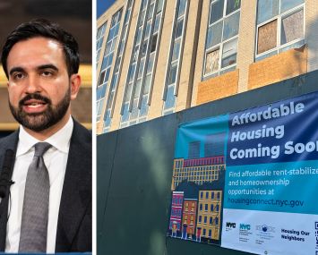 Mayor Zohran Mamdani and a sign outside an affordable housing project in Queens.