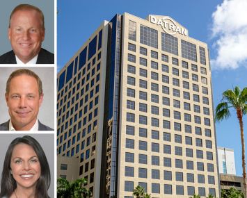 CBRE's Michael Phipps (top), Stream Realty's Shay Pope (center), Cushman & Wakefield's Jeannette Mendoza and part of the Datran Center in Dadeland, Fla.
