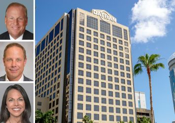 CBRE's Michael Phipps (top), Stream Realty's Shay Pope (center), Cushman & Wakefield's Jeannette Mendoza and part of the Datran Center in Dadeland, Fla.