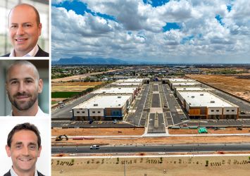 Arrow Real Estate's Morris Betesh (top), Eliott Zeitoune (center) and Seth Grossman, and Sossaman Business Campus in Mesa, Ariz.