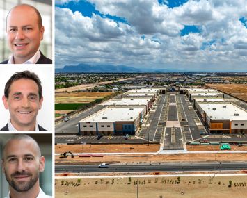 Arrow Real Estate's Morris Betesh (top) Seth Grossman (center) and Eliott Zeitoune, and Sossaman Business Campus in Mesa, Ariz.