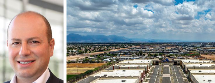 Arrow Real Estate's Morris Betesh (top) and Seth Grossman, and Sossaman Business Campus in Mesa, Ariz.