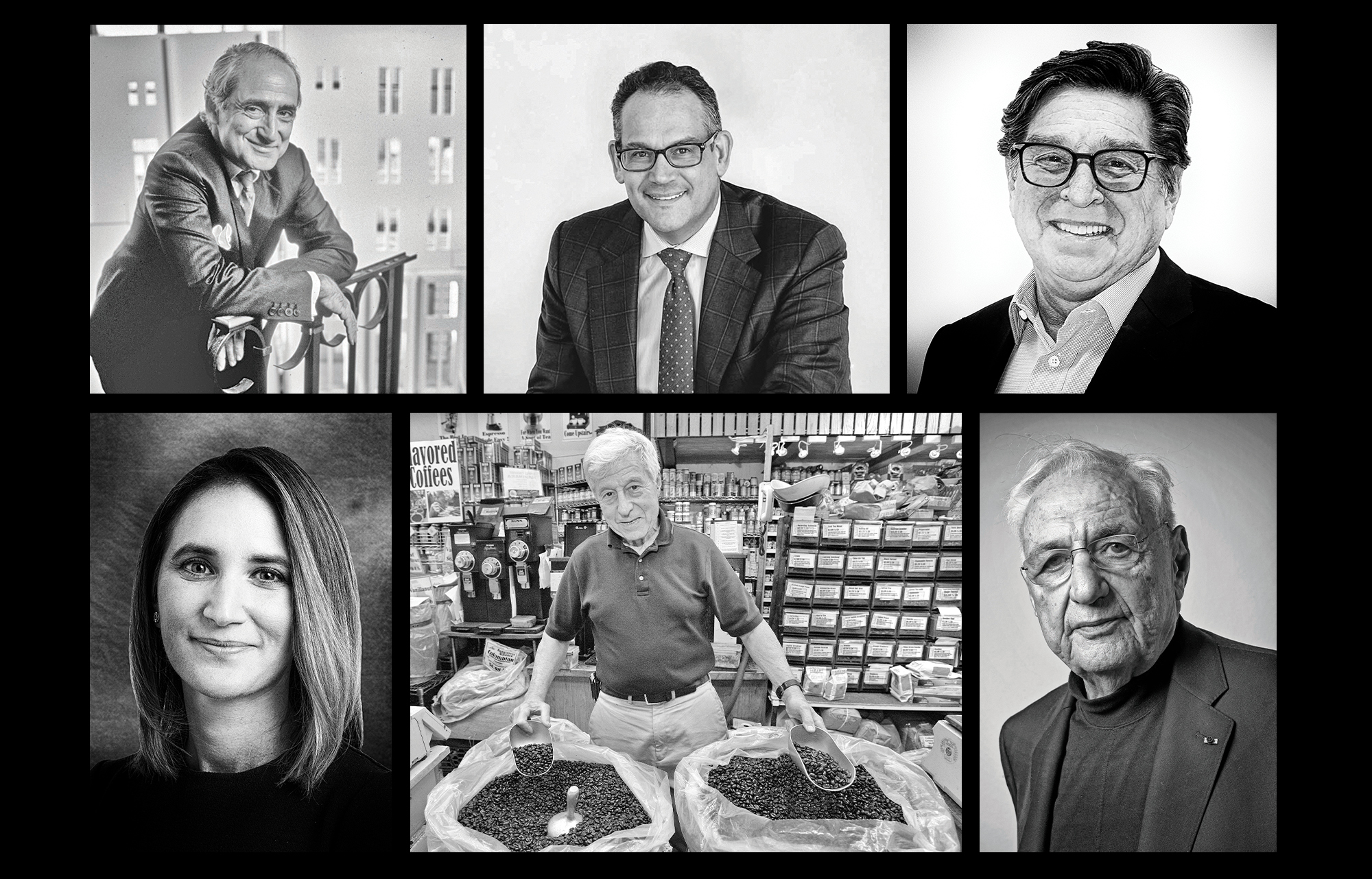 Clockwise from top left: Robert A.M. Stern, David Simon, Brad Mendelson, Frank Gehry, Saul Zabar, Wesley LePatner.