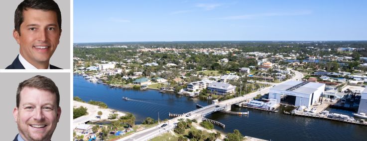 Berkadia's Patrick McGlohn (top), Brian Gould (center), and Hunter Wood, and an aerial view of Nokomis, Fla.