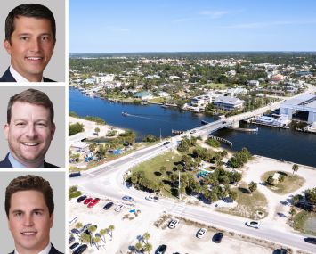 Berkadia's Patrick McGlohn (top), Brian Gould (center), and Hunter Wood, and an aerial view of Nokomis, Fla.