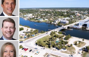 Berkadia's Patrick McGlohn (top), Brian Gould (center), and Natalie Hershey, and an aerial view of Nokomis, Fla.