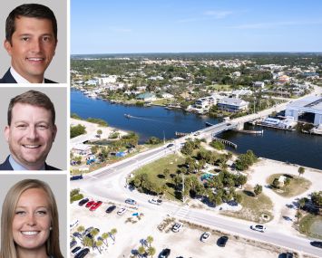 Berkadia's Patrick McGlohn (top), Brian Gould (center), and Natalie Hershey, and an aerial view of Nokomis, Fla.